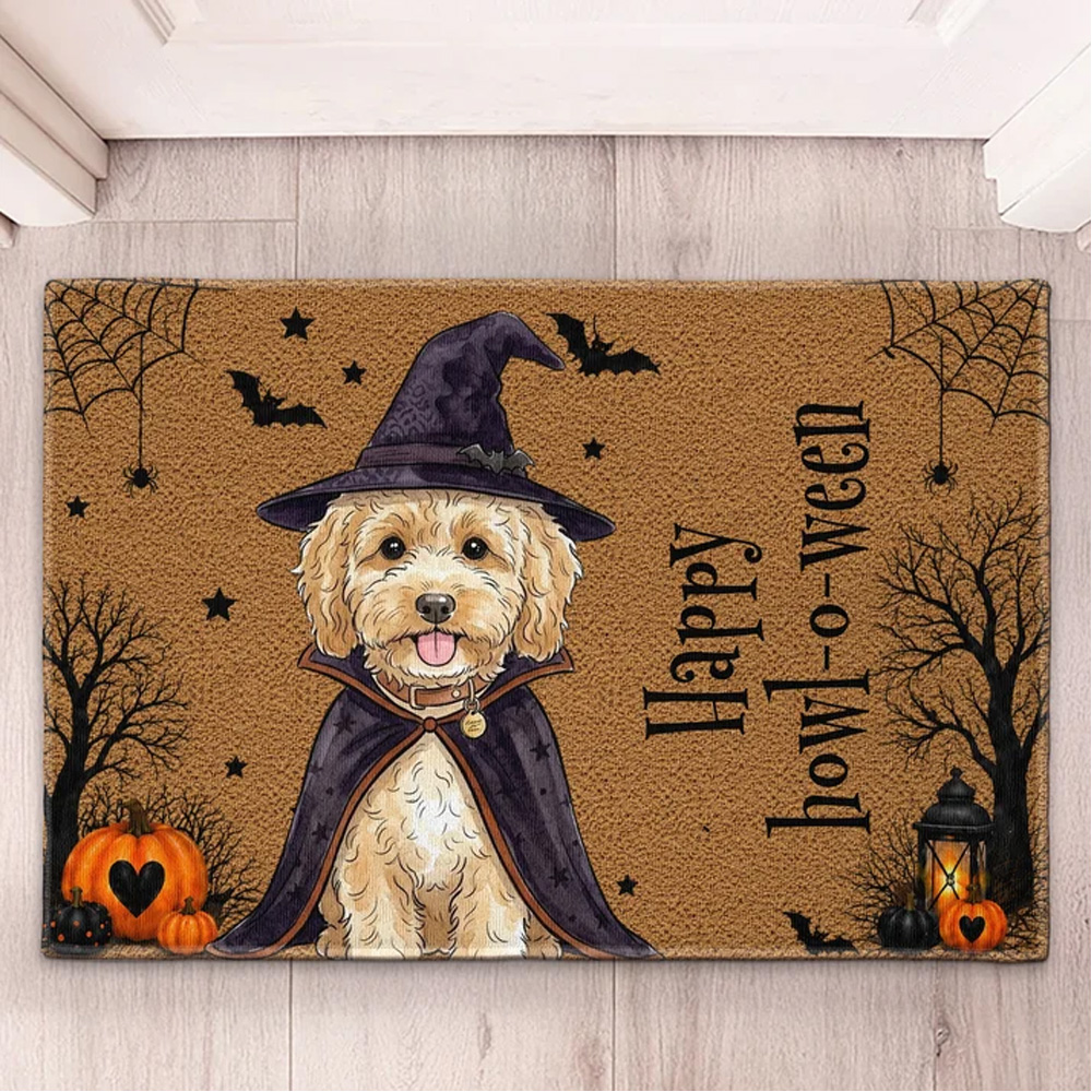 Personalized Doormat Custom Pet Portrait Watercolor Art Happy Halloween