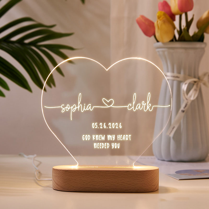 Personalized God Knew My Heart Needed You Heart Shaped LED Night Light with Name & Date Valentines Day Gift Anniversary Gift Romantic Gift for Couple