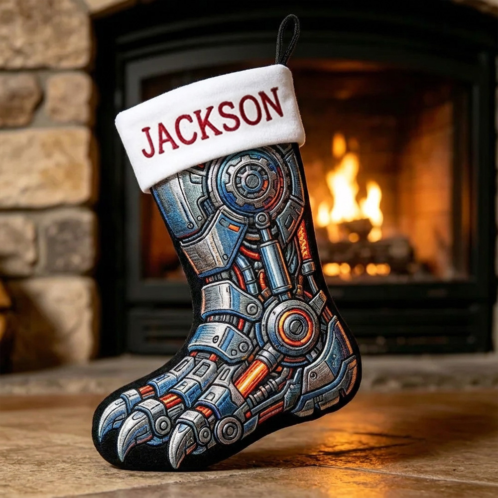 Personalized Christmas Stocking Custom Name Mechanical Dinosaur Inspired Holiday Sock Unique Fireplace Decor Gift For Kids And Fans