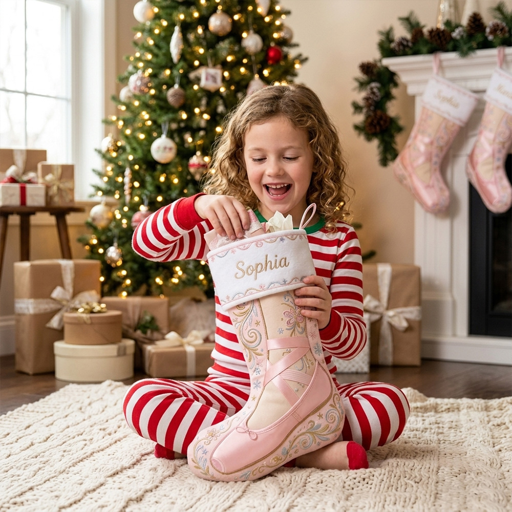 Personalized Ballet Christmas Stocking Custom Name Pink Ballerina Shoe Holiday Sock For Girls Kids Nursery Fireplace Mantel Decor