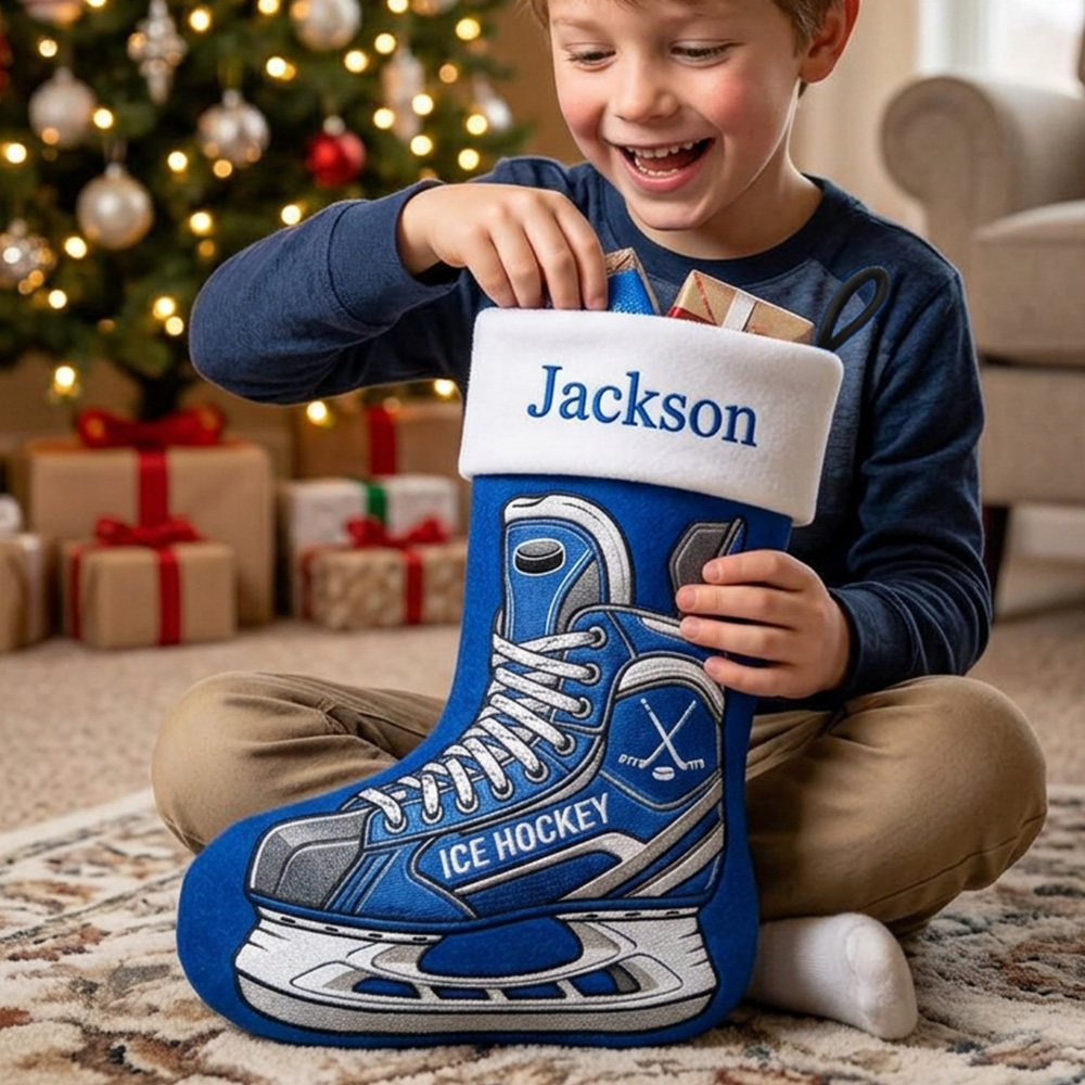 Personalized Hockey Christmas Stocking Custom Name Ice Skate Holiday Sock For Boys Kids Sports Lovers Fireplace Mantel Winter Decor
