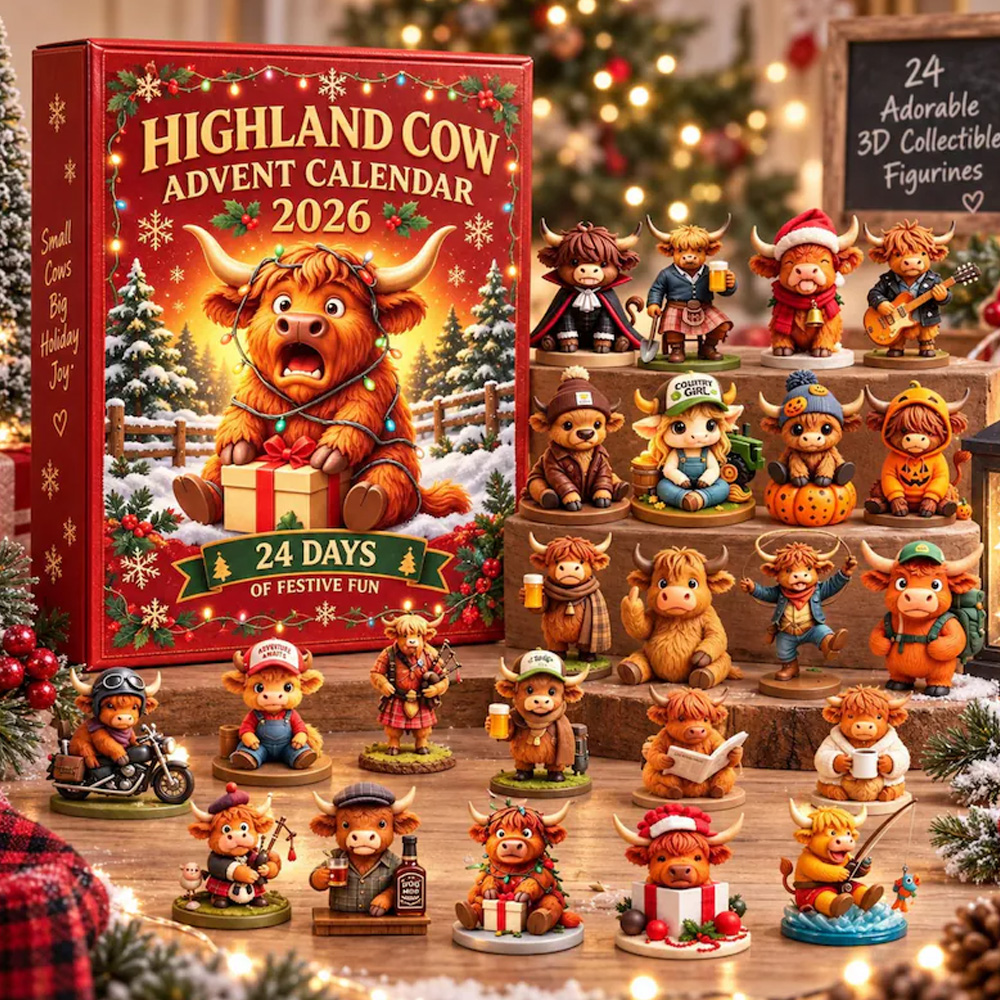 Highland Cow Advent Calendar 2026 24 Days Christmas Countdown 3D Collectible Figurines Farmhouse Holiday Decor Gift for Cow Lovers