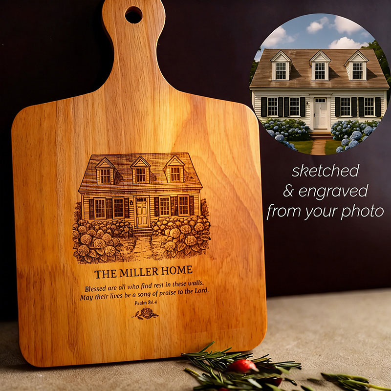 Personalized House Illustration Cutting Board with Custom Name and Bible Verse Christian Housewarming Gift New Home Present Religious Kitchen Accessory