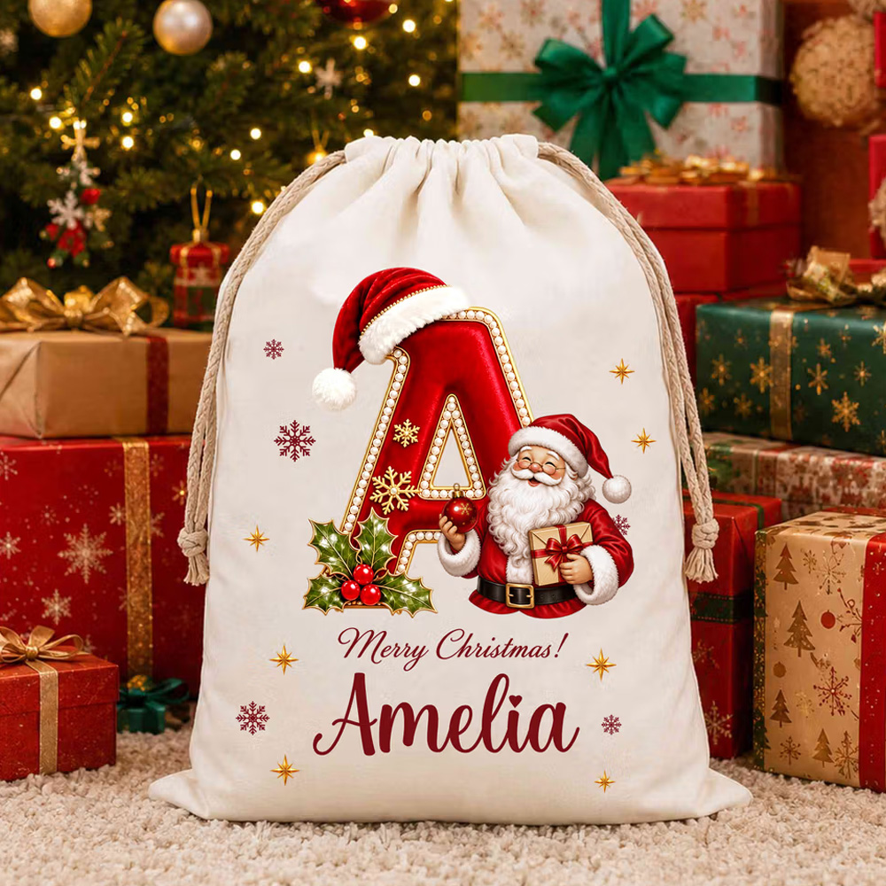 Personalized Merry Christmas Santa Claus Canvas Drawstring Gift Bag with Name and Initial Christmas Eve Party Gift for Kid