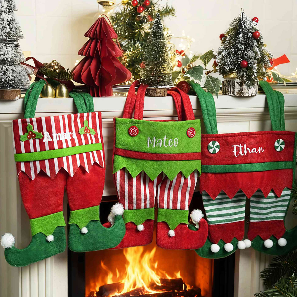 Personalized Name Embroidered Elf Christmas Stocking Festival Fireplac