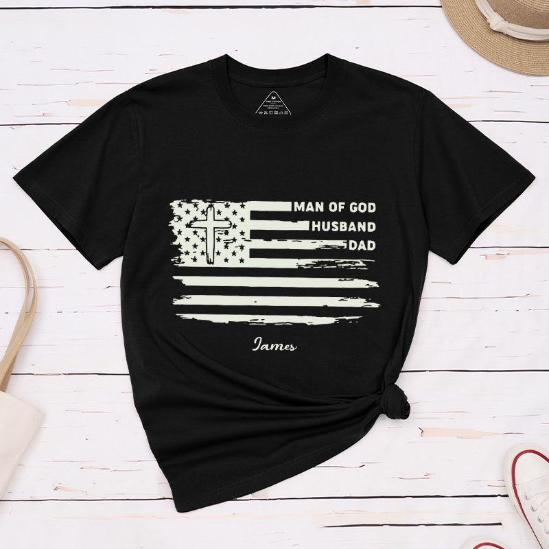 Personalized Man of God Husband Dad Classic T-Shirt with Name Christian Flag Shirt Religious Gift for Him