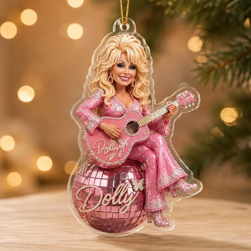 Country Music Christmas Ornament Pink Guitar Girl Glitter Ball Holiday Tree Hanging Decor Gift For Fans