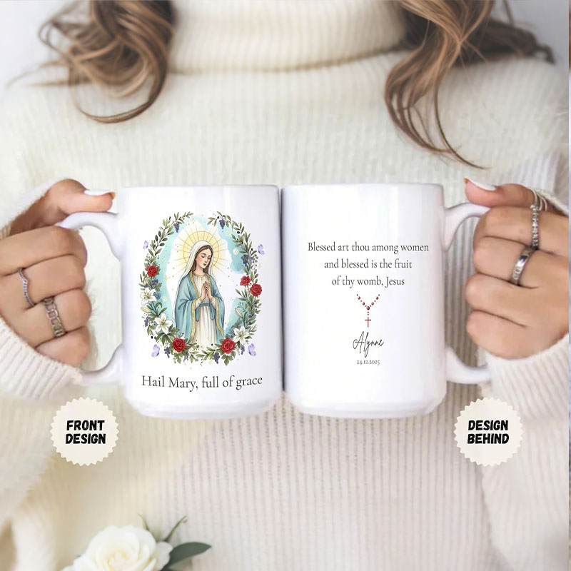 Personalized Virgin Mary Flora 11oz 15oz Ceramic Mug with Custom Name Our Lady Coffee Cup Marian Christian Drinkware Mug Catholic Gift for Women