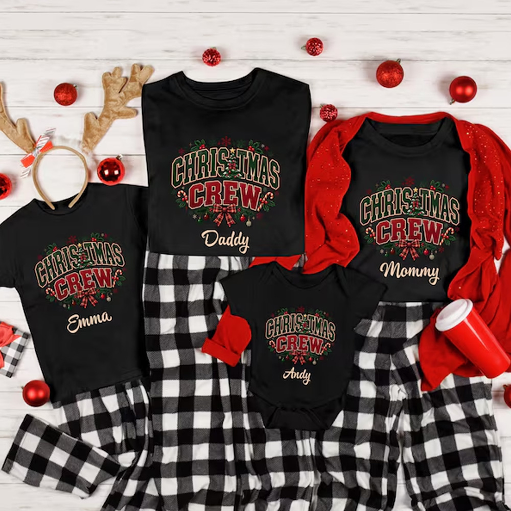 Personalized Family Christmas Matching Black Shirt And Plaid Skirt Set Custom Name Holiday Outfit For Mom Dad Kids Baby Festive Party Photos
