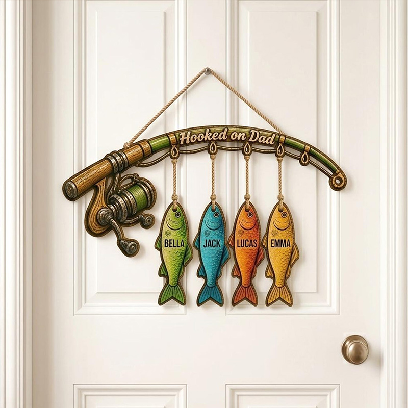 Personalized Fishing Wooden Door Sign Hooked On Dad Custom Fish Hanging Rustic Fisherman Family Decor