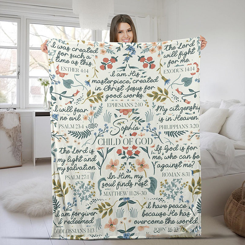Personalized Child of God Inspiration Soft Throw Blanket with Custom Name Bible Floral Blanket Family Gift Christian Gift Religious Baptism Gift