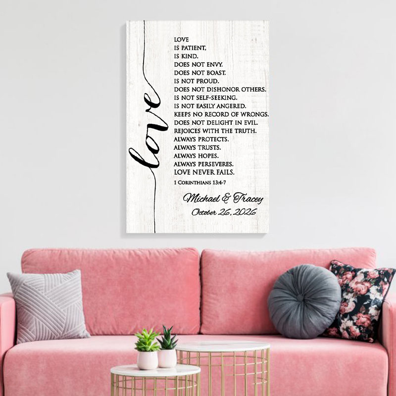 Personalized Corinthians Bible Verse Frameless Poster with Custom Couple Names Wedding Wall Decor Religious Gift for Couple