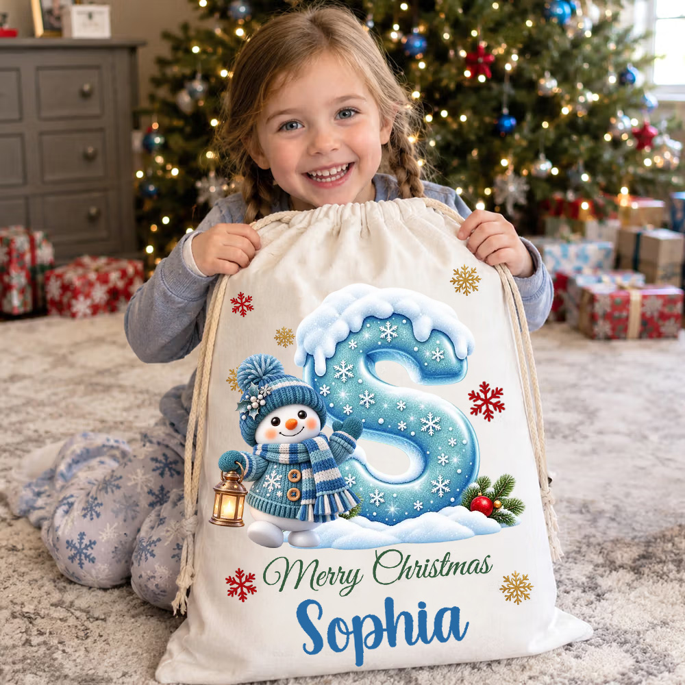 Personalized Kids Christmas Gift Sack Snowman Initial Letter Tote Bag
