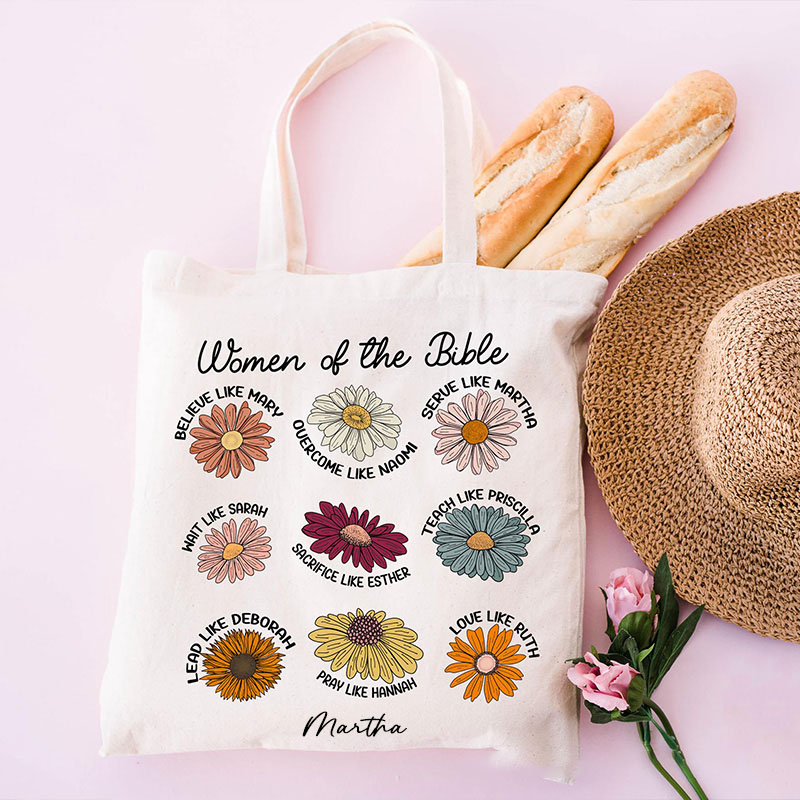 Personalized Women of the Bible Canvas Tote Bag with Custom Name Church Bible Study Daily Use Biblical Tote Floral Religious Christian Gift for Women