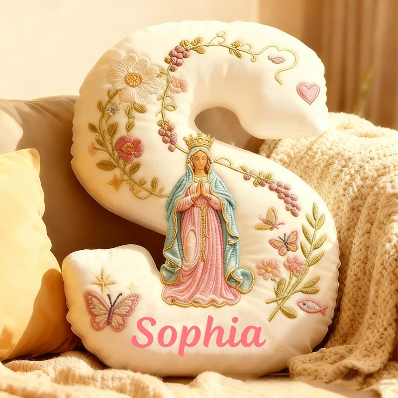 Personalized Virgin Mary Letter Pillow with Custom Name Home Decor Flower Butterfly Vine Graphic 3D Print Pillow Religious Faith Gift Catholic Gift