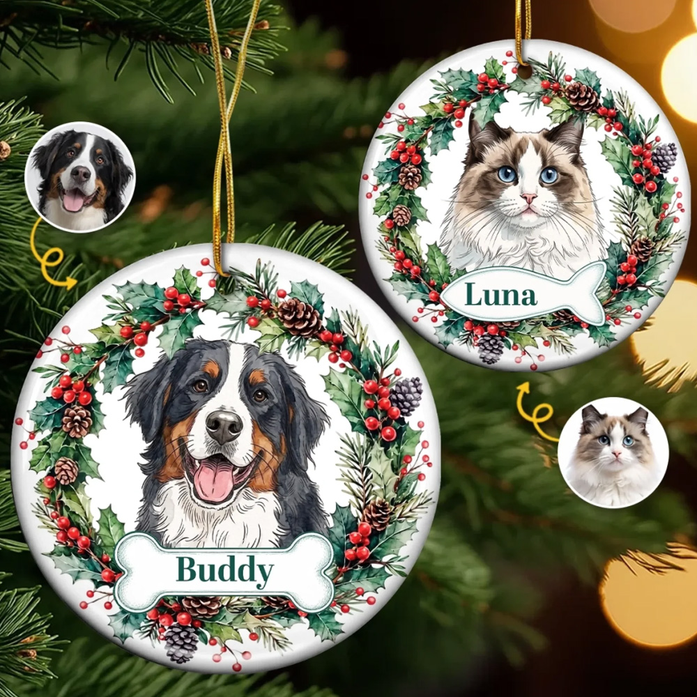 Personalized Pet Photo Christmas Ornament Custom Dog Cat Portrait Name