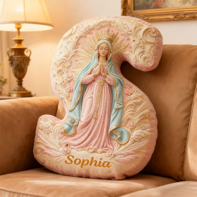 Personalized Golden Grace Virgin Mary Letter Pillow with Custom Name Home Decor Our Lady Pillow Catholic Marian Pillow Christian Gift Graphic 3D Print