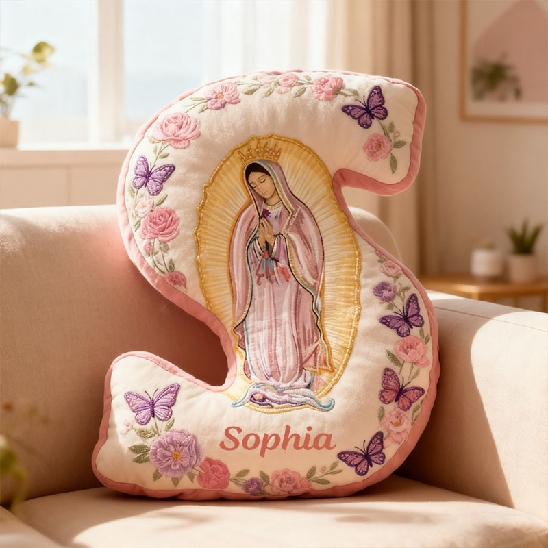Personalized Virgin Mary Letter Pillow with Custom Name Faith Christian Home Decor Catholic Gift for Her Floral and Butterfly Graphic 3D Print Pillow