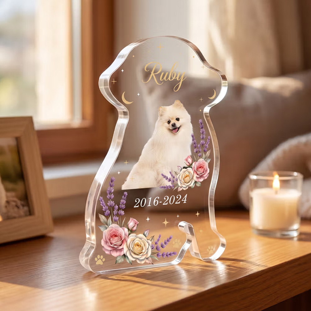 Personalized Flower Dog Portrait Star Dog Shaped Acrylic Ornament with Name and Year Home Decor Memorial Sympathy Pet Loss Gift for Pet Owner