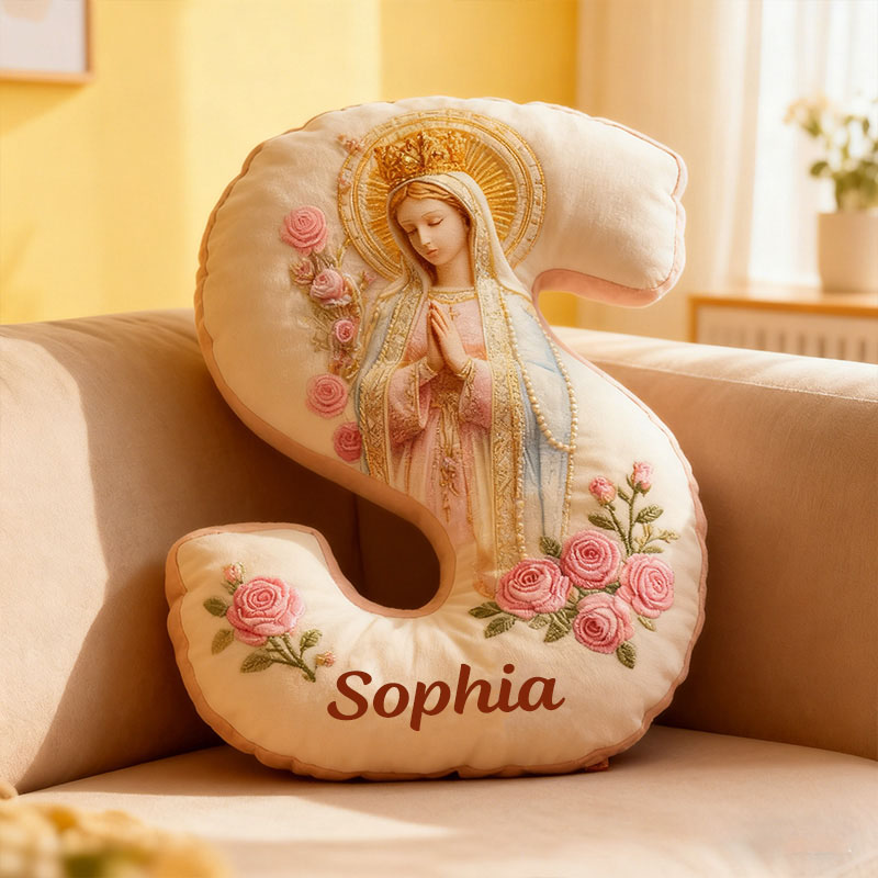 Personalized Our Lady of Guadalupe Letter Pillow with Custom Name Home Decor Catholic Gift for Prayer & Faith Virgin Mary Pink Rose Graphic 3D Print