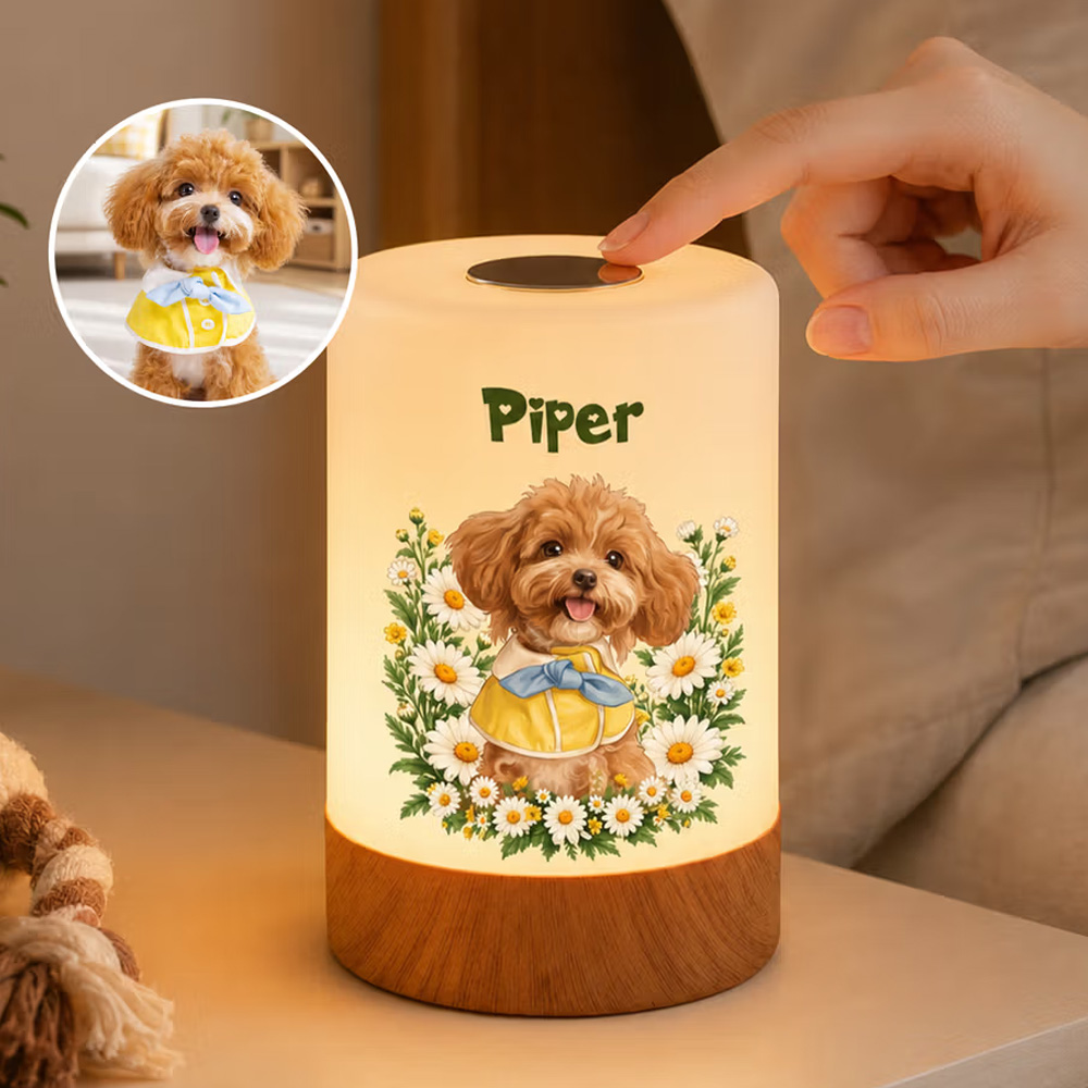 Personalized Birth Flower Pet Photo Dimmable Touch Control Night Light with Name & Adjustable Color Bedroom Decor Birthday Gift for Pet Lovers Owners