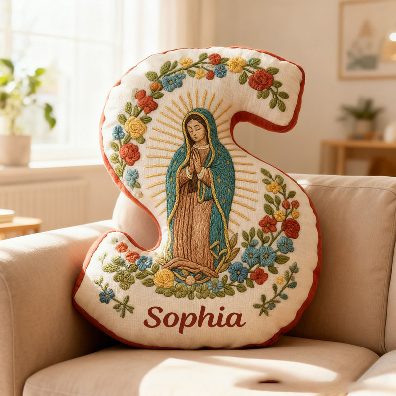 Personalized Virgin Mary Letter Pillow with Custom Name Faith Christian Home Decor Catholic Gift for Her Our Lady of Guadalupe Floral Graphic 3D Print