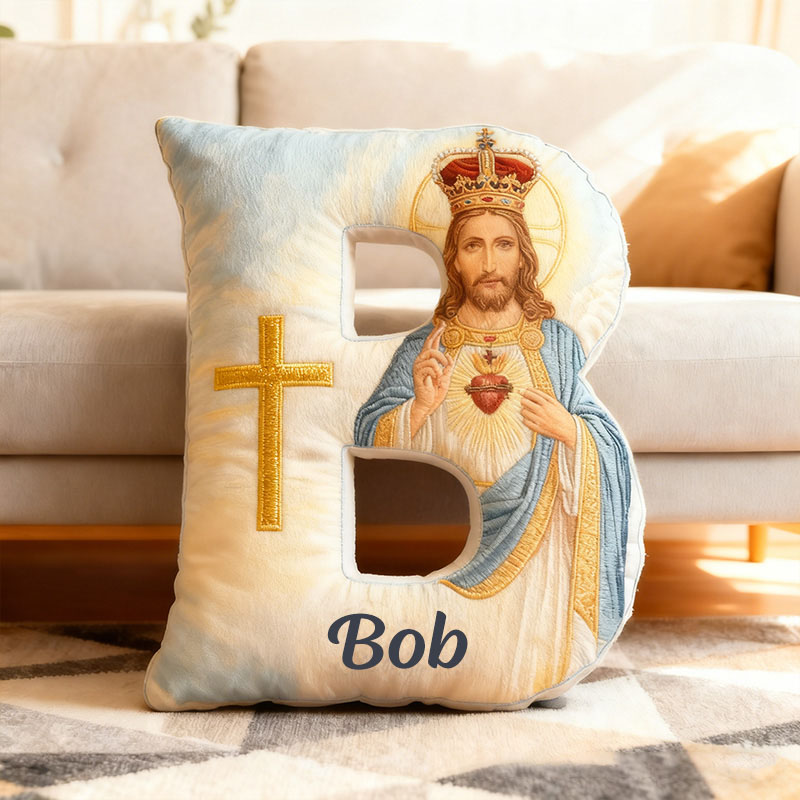 Personalized the Sacred Heart of Jesus Letter Pillow with Custom Name Religious Home Decor Christian Gift for Prayer & Faith Graphic 3D Print Pillow