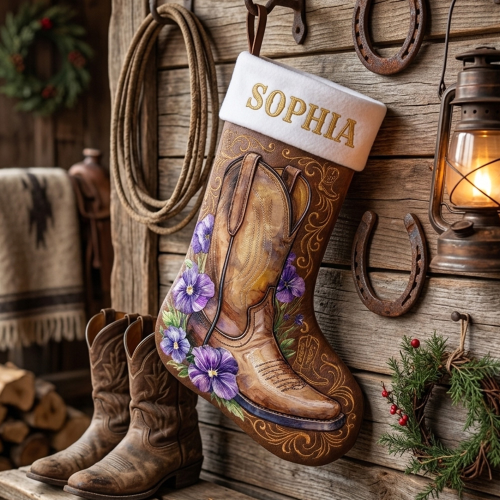 Personalized Cowgirl Boot Christmas Stocking Custom Name Birth Floral Holiday Stocking Rustic Country Farmhouse Decor For Women Girls Xmas Gift