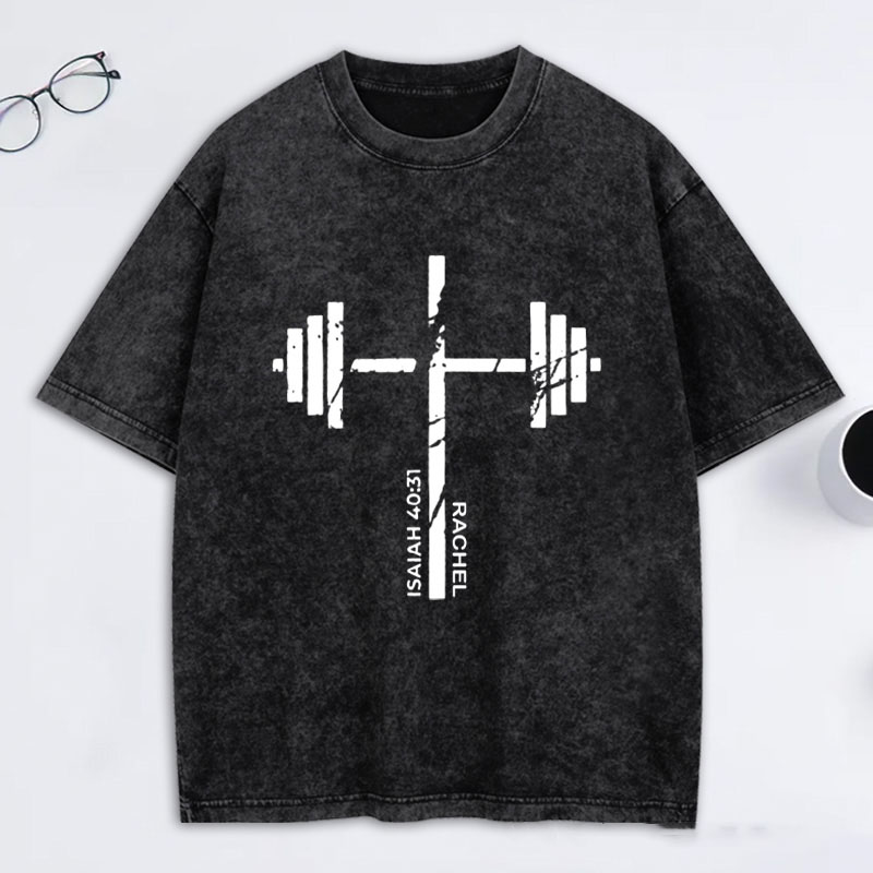 Personalized Christian Gym Cross Washed T-Shirt with Name Lift Heavy Pray Hard Shirt Faith Workout Top Jesus Fitness Apparel Religious Gift for Men