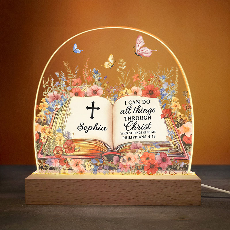 Personalized Name with Book of Favorite Bible Verses LED Night Light Home Decor Butterfly and Floral Night Light Religious Christian Gift for Her