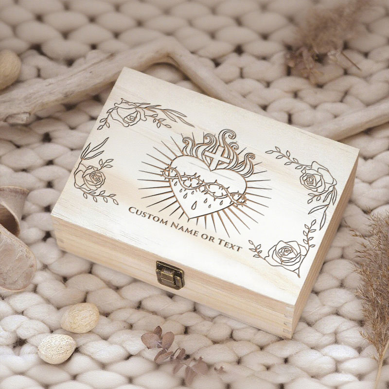 Personalized Sacred Heart Wooden Keepsake Box with Custom Name or Text Faith Home Decor Christian Memory Box Prayer Box Catholic Gift Religious Gift