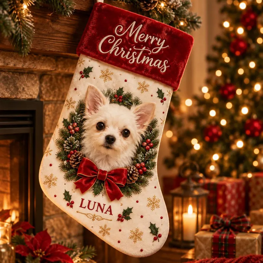 Personalized Dog Photo Christmas Stocking Custom Pet Name Merry Christmas Stocking For Dogs Puppy Lovers Fireplace Mantel Holiday Decor Xmas Gift