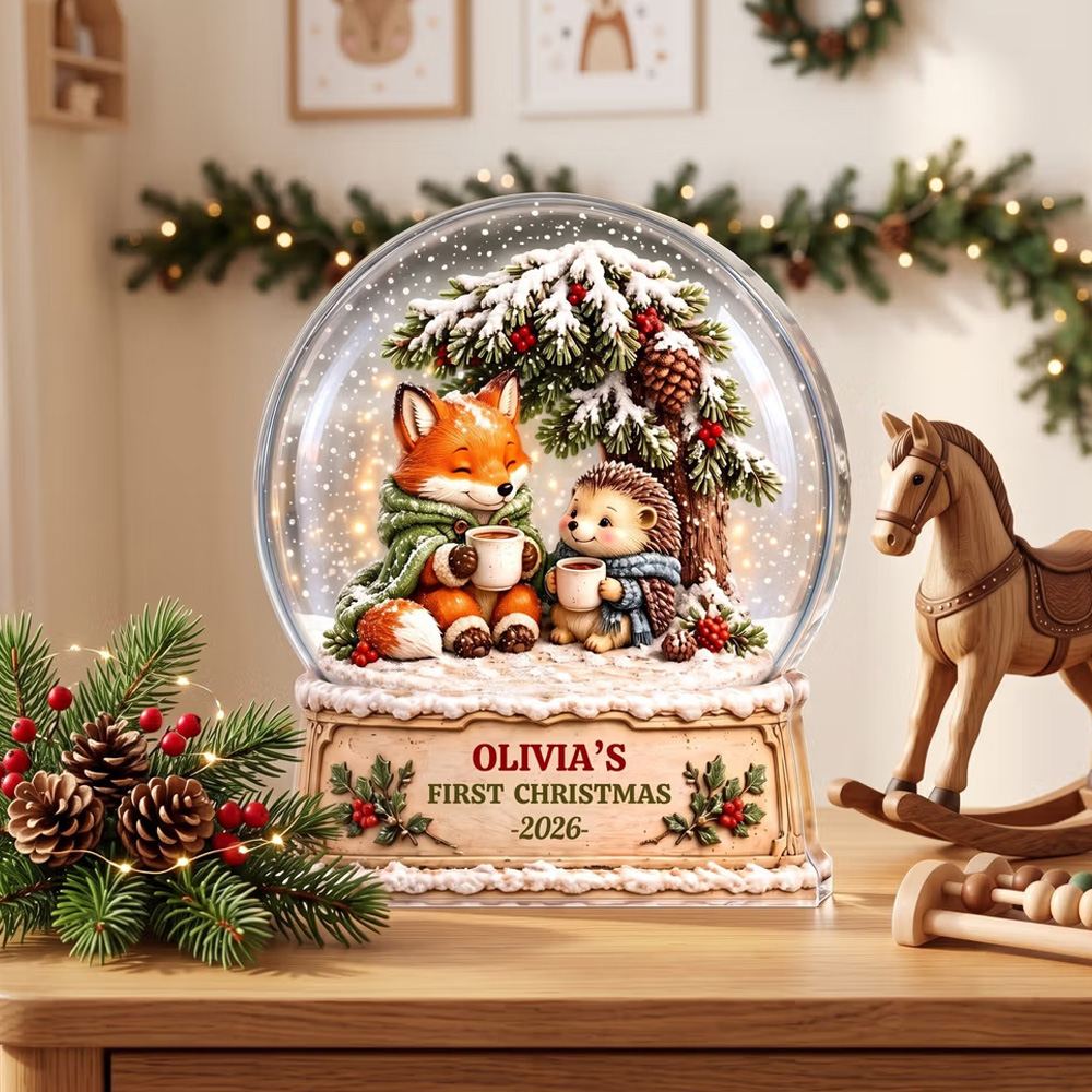 Personalized Artwork Fox Hedgehog Crystal Ball Clear Acrylic Plaque with Name and Year Home Decor Baby's 1st Christmas Gift for New Baby