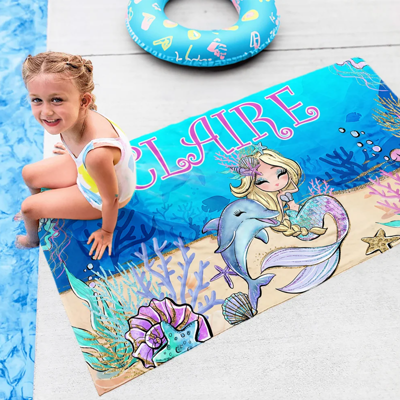 Personalized Fantasy Mermaid Quick Dry Oversized Beach Towel with Name Beach Party Holiday Gift for Girls