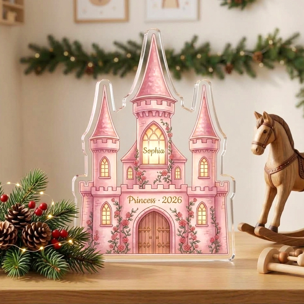 Personalized Princess Castle Acrylic Plaque Custom Name Christmas Palace Gift For Girls Kids Bedroom Nursery Fairy Tale Pink Decor Ornament
