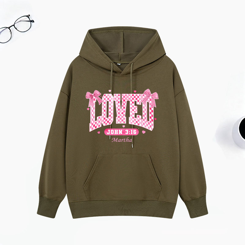 Personalized Checkered Loved John 3:16 Bible Verse Classic Hoodies with Name Retro Hoodies Religious Gift Valentines Day Gift for Couple