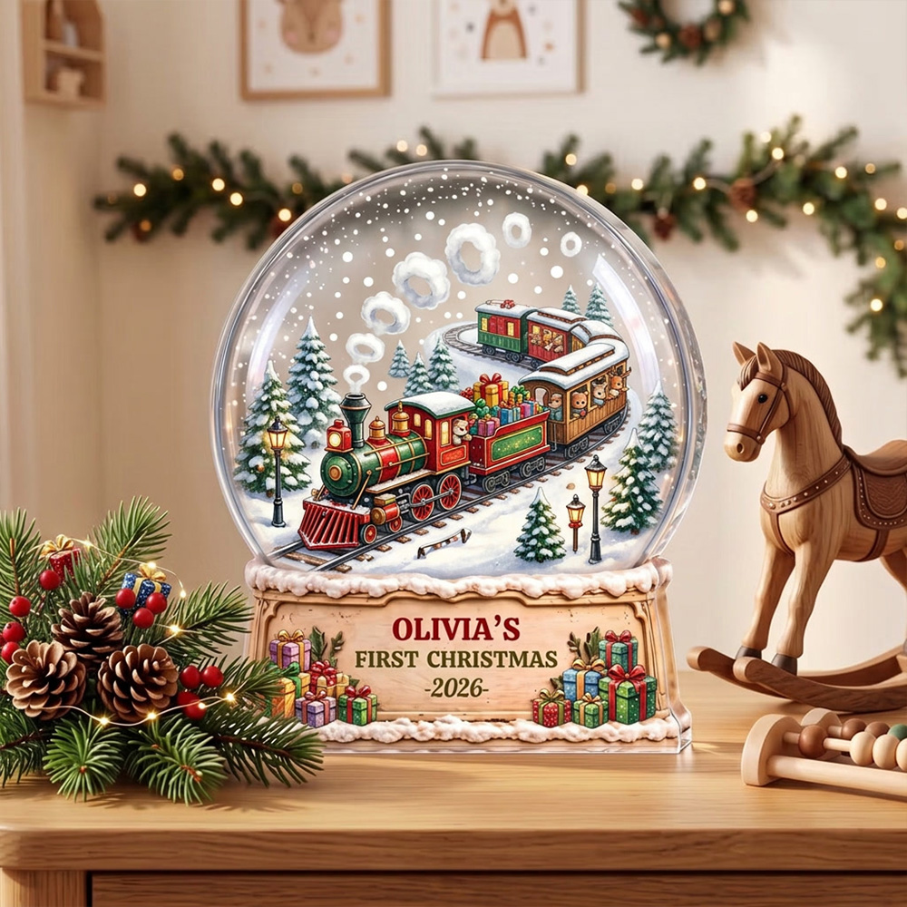 Personalized First Christmas Train Snow Globe Acrylic Plaque Custom Baby Name Year Holiday Keepsake Gift For Newborn Mom Parents Nursery Decor