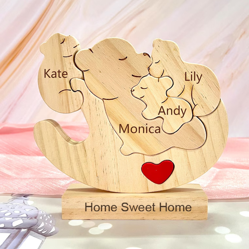 Personalized Wooden Shaking Bear Puzzle Cute Parent Child Bear Fun Swinging Chair Napping Bear Engraved Name Mother's Day Gift Family Keepsake Gifts
