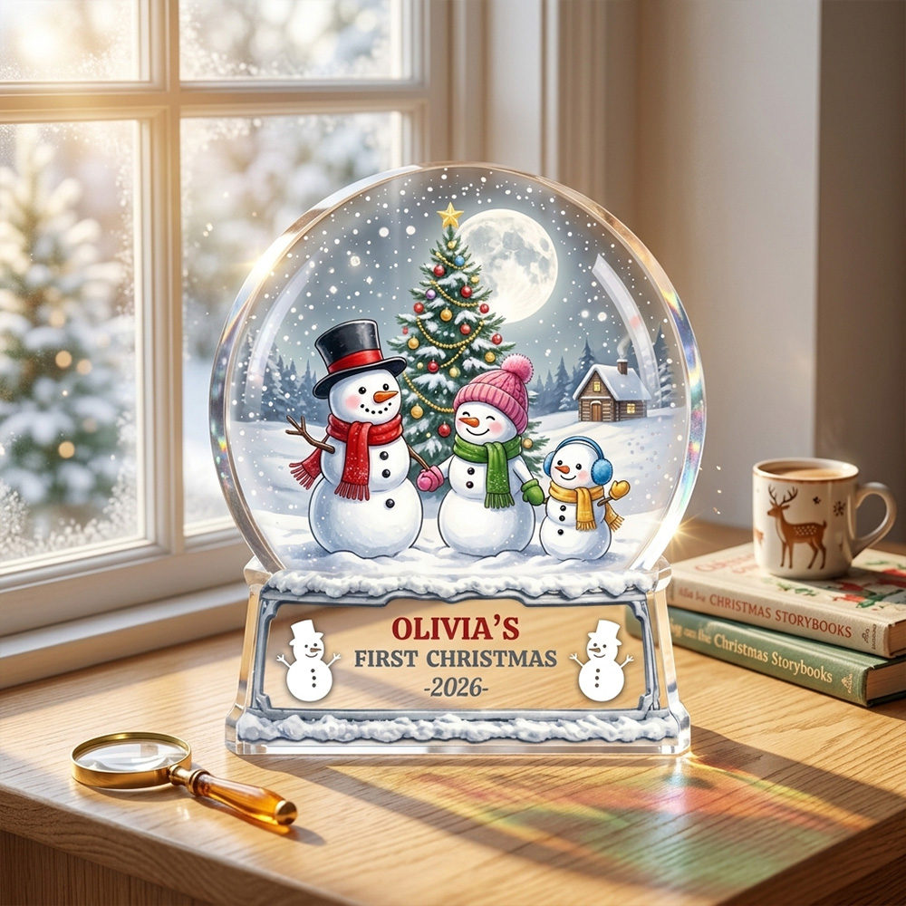 Personalized Snowman Family Snow Globe Acrylic Plaque Custom Name First Christmas Baby Keepsake Holiday Winter Decor Gift For Kids Nursery