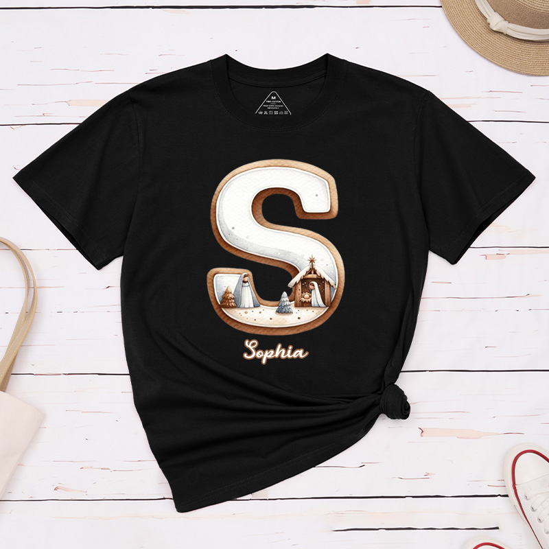 Personalized Nativity Scene Classic T-Shirt with Initial and Name Christian Shirt Religious Gift Faith Gift for Christians