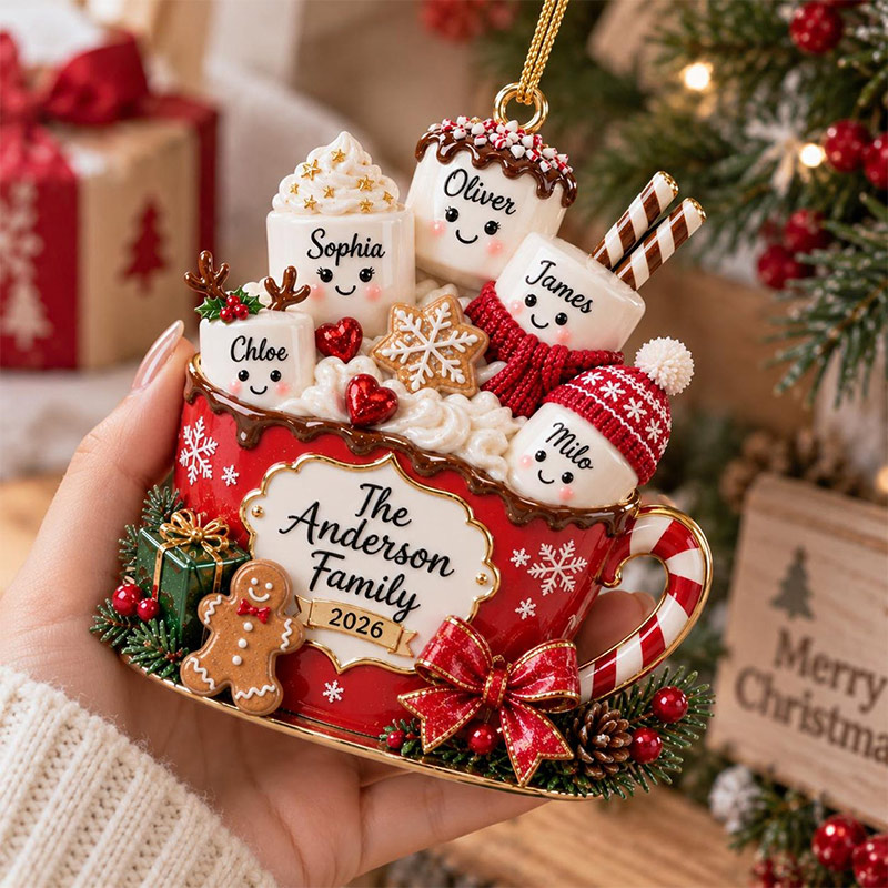 Personalized Family Christmas Ornament Hot Cocoa Marshmallow Keepsake Custom Name GIFT 2026 Holiday Tree Decor Family Gift for Parents