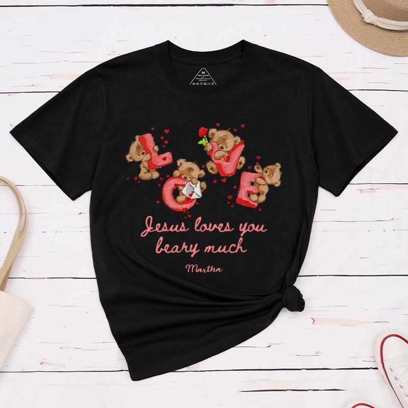 Personalized Jesus Loves you Beary Much Retro Bear Heart Valentine Classic T-Shirt with Name Christian Shirt Religious Gift Valentine's Day Gift for Her