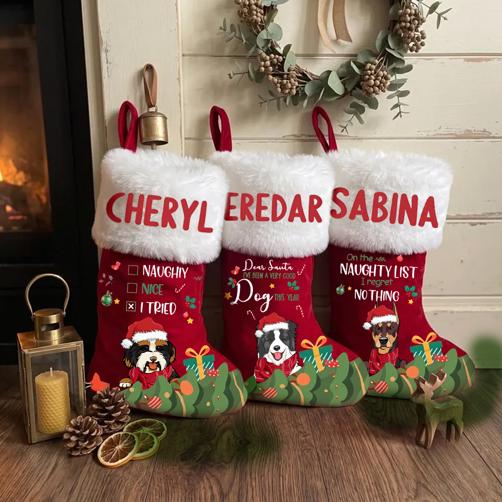 Personalized Dog Christmas Stocking Custom Name Pet Christmas Eve Treats Gift For Dog Lovers Holiday Fireplace Mantel Decoration