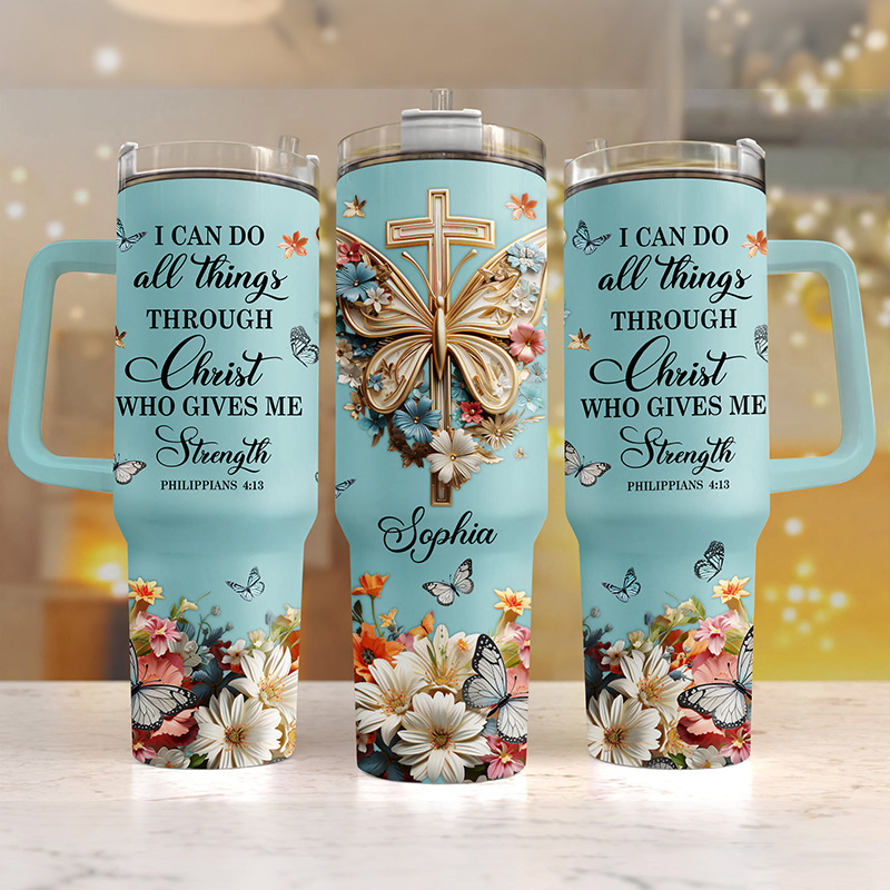 Personalized I Can Do All Things Through Christ 40oz Tumbler with Custom Name Handle and Straw Insulated Large Water Bottle Cup Religious Gift for Her