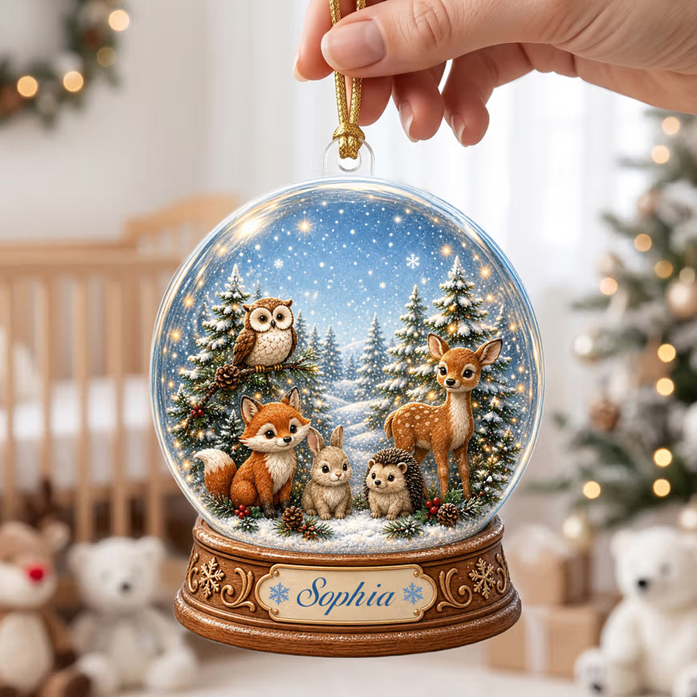 Personalized 3D-Effect Artwork Nordic Animals Crystal Ball Shaped Acrylic Ornament with Name Home Decor Christmas Gift for Newborns New Parents