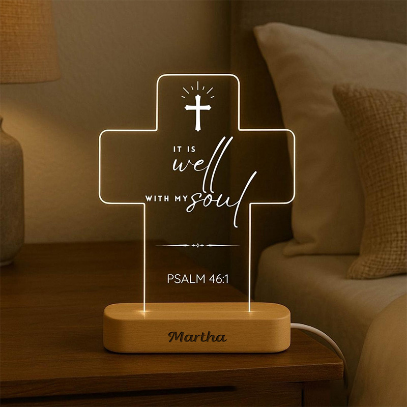 Personalized Custom Name Scripture Cross LED Night Light with Wooden Base Bedroom Decor Bible Verse Lamp Christian Gift Faith Based Gift