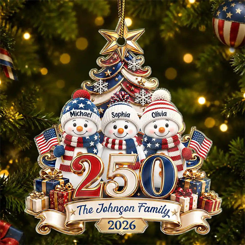 Personalized 250 Years Of Freedom Christmas Ornament Snowman with Family Names Custom Acrylic Keepsake Patriotic Family Holiday Gift