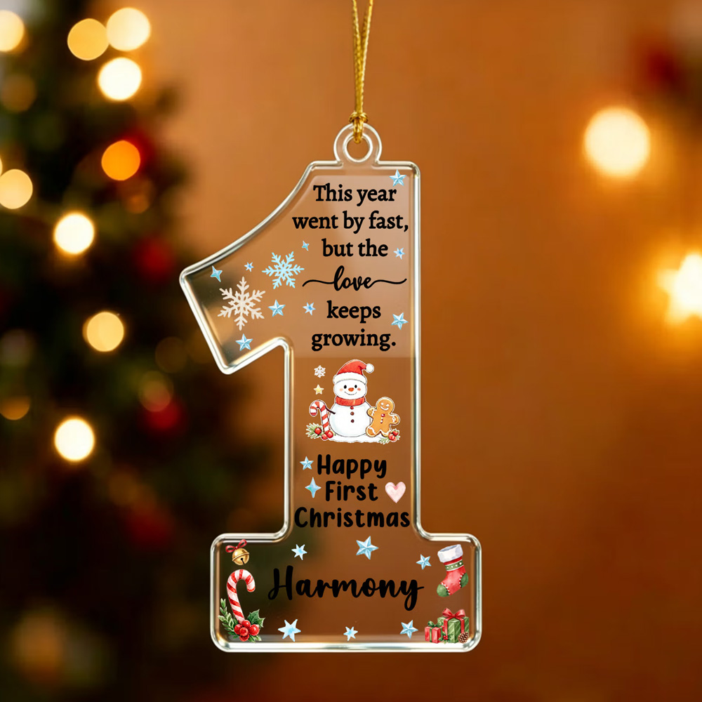 Personalized Name Happy First Christmas Cartoon Animal Number 1 Shape Acrylic Ornament Holiday Tree Hanging Decor Christmas Gift for Newborns