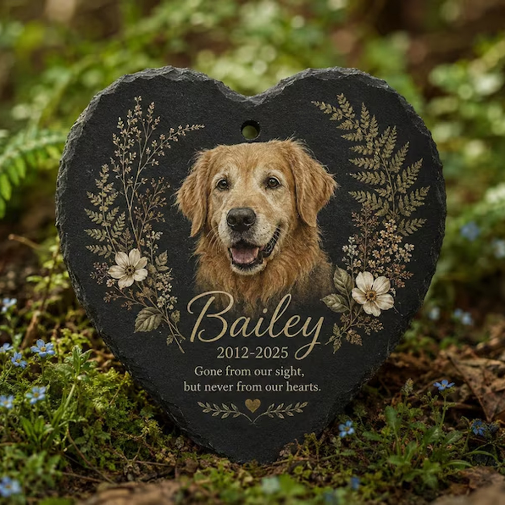 Personalized Black Slate Pet Memorial Plaque with Custom Portrait Heart or Round