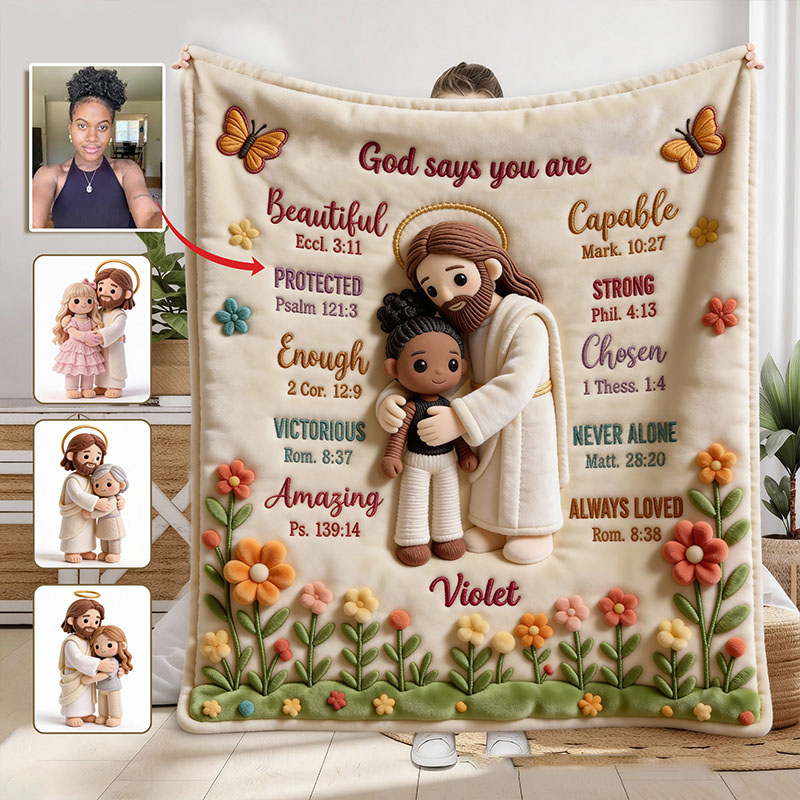 Personalized God Says You Are Soft Throw Christian Blanket with Custom Name and Photo Jesus Embracing You Graphic 3D Print Blanket Religious Gift